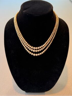 Vintage Japan Classic Three-Strand Gold Pearl Necklace crystal detail near clasp